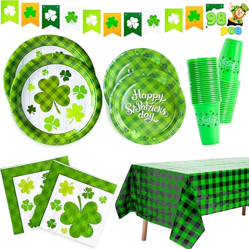 JOYIN 98-teiliges St. Patrick's Day Partyzubehör-Set für 24 Personen mit 9 Papptellern, 7 Tellern, Banner, Servietten, Tassen und Tischdecken für St. Patrick Geschirr, Kleeblattgrünes, irisches von JOYIN