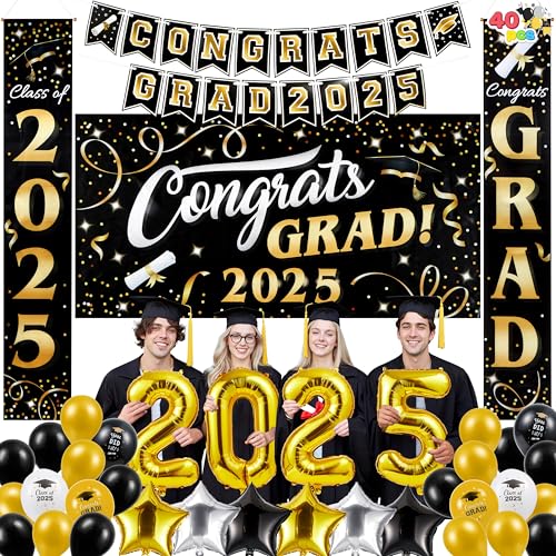 JOYIN Abschlussfeier Dekorationen Klasse 2025, Schwarz & Gold Grad Feier Supplies Set mit Hintergrund Banner, Veranda Schild, Luftballons, Foliennummer 2025, Hängestreifen für High School College Grad von JOYIN