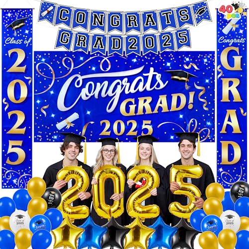 JOYIN Abschlussfeier Dekorationen Klasse 2025 Blau Grad Feier Supplies Set mit Hintergrund Banner, Veranda Schild, Luftballons, Foliennummer 2025, Hängestreifen für High School College Abschluss von JOYIN