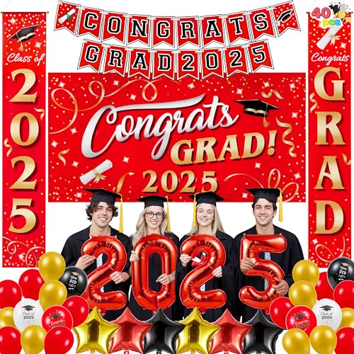 JOYIN Abschlussfeier Dekorationen Klasse 2025 Rot Grad Feier Supplies Set mit Hintergrund Banner, Veranda Schild, Luftballons, Foliennummer 2025, Hängestreifen für High School College Grad Party von JOYIN