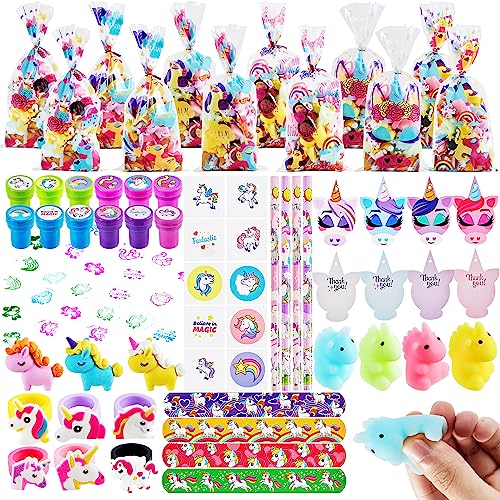 JOYIN Einhorn Spielzeug, 12 Pack Goody Taschen mit 108 Pcs Einhorn Geschenk-Tags, enthalten Einhorn Mochi, Slap Armband, Ring, Sticker, Radiergummi Austausch Spiel Preise von JOYIN