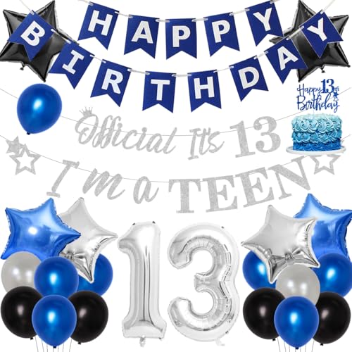 JOYMEMO 13. Geburtstagsfeier Dekoration für Jungen Blau und Silber Offizieller Teenager Geburtstagszubehör Alles Gute zum Geburtstag Banner Offizieller Teenager Garland Cake Topper von JOYMEMO