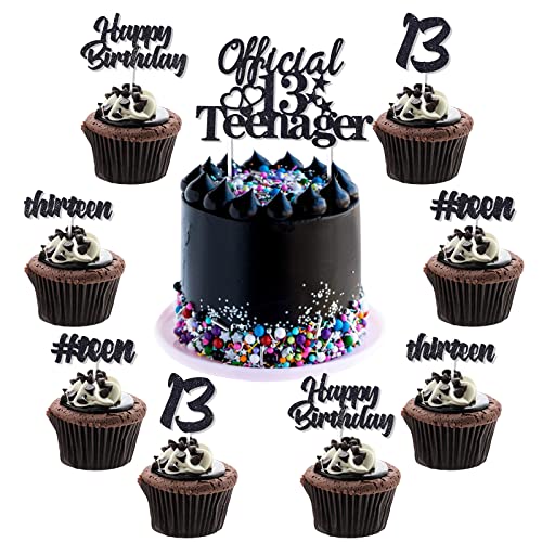 25 Stück offizielle Teenager 13. Geburtstag Kuchen Dekorationen Offizielle 13 Teenager Kuchen Topper, Happy Birthday 13 Teen Thirteen Cupcake Topper schwarz für dreizehnten Geburtstag Zubehör von JOYMEMO