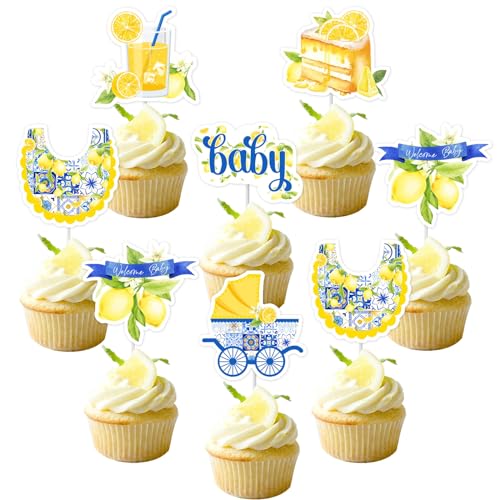 36 Pcs Lemon Baby Shower Cupcake Toppers - Blue Tile and Lemon Baby Shower Decorations, Double Sided Printing Lemonade Blue Cupcake Decor for Pregnancy Celebration Newborn Gender Reveal Party von JOYMEMO