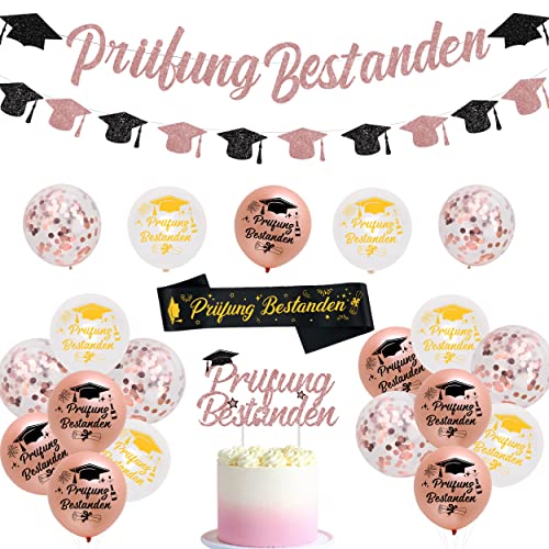 JOYMEMO Abschlussfeier Party Dekorations Prüfung Bestanden Girlande Ballons Rose Gold ABI Deko Abitur Abschluss Deko Prüfung Bestanden Schärpe Tortentopper Graduierung Accessoire Deko Set von JOYMEMO