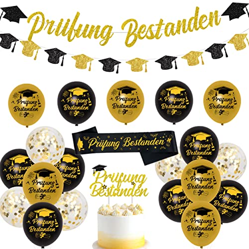 JOYMEMO Abschlussfeier Party Dekorations Prüfung Bestanden Girlande Ballons Schwarz ABI Deko Abitur Abschluss Deko Prüfung Bestanden Schärpe Tortentopper Graduierung Accessoire Deko Set von JOYMEMO