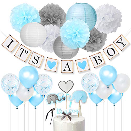 Babyparty Deko Junge - It's A Boy Girlande，Elefant Kuchendeckel Blau und Grey，Konfetti Luftballons，Blumenpuscheln für Taufe Geburtstag Baby Shower von JOYMEMO