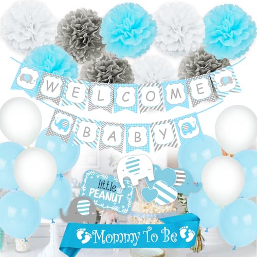 JOYMEMO Blaue Baby-Dusche-Dekorationen für junge, Mama, Schärpe, Elefanten-Mittelstücke, Willkommen Baby Banner Boy Ballons für Elefanten-Baby-Dusche zu sein von JOYMEMO