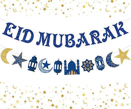 Blauer Glitzer Eid Mubarak Banner Stern und Mondgirlande Ramadan Hajj Mubarak Dekorationen für Heimtisch Muslim Islamische Party Dekoration Ramadan Kareem Partyzubehör 2er Pack von JOYMEMO