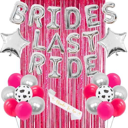 Brides Last Ride Hen Party Dekorationen, Silver Rose Red Nashville Bachelorette Party Dekorationen, Western Cowgirl Thema Brautdusche Supplies Ballons Fransen Vorhang Schärpe Set von JOYMEMO