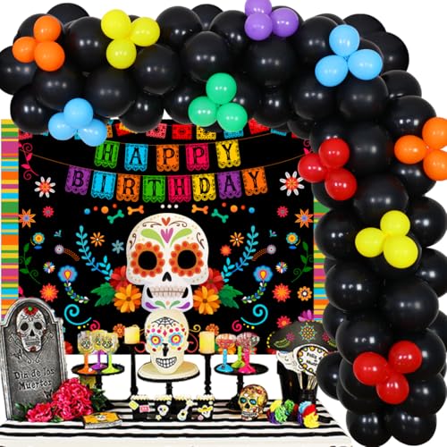 Tag der Toten Geburtstagsdekorationen, Dia De Los Muertos Ballongirlande Kit und Happy Birthday Hintergrund Sugar Skull Folienballons für mexikanisches Festival Party Supplies von JOYMEMO