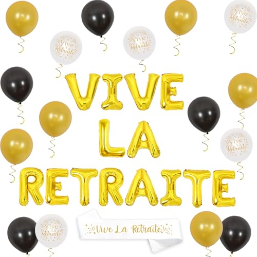 JOYMEMO Dekoration Vive La Retraite Gold Schwarz für Männer und Frauen, Vive La Pensionierung Ballons, Gürtel, Luftballons aus Glas, Weinflasche, Versorgung, Ruhestand, Happy Retirement Party Supplies von JOYMEMO