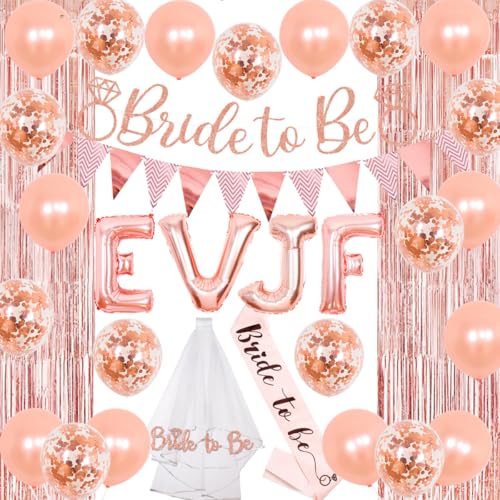 EVJF Decorations Rose Gold – Bride Party Dekorationen mit EVJF Luftballons, Bride Satin Schärpe, Folienvorhang, Brautschleier für Brautdusche Vorschlag Hochzeit Verlobungsfeier von JOYMEMO