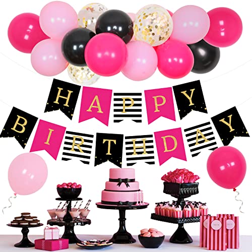 Happy Birthday Banner Hot Pink und Schwarz Wimpelkette Girlande Latex Konfetti Ballons für Mädchen Frauen Geburtstag Party Supplies von JOYMEMO