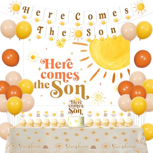 Here Comes The Son Baby Shower Decorations, Boho Sunshine Baby Shower Decor with Here Comes The Son Backdrop Tablecloths Cupcake Toppers for Baby Boy, Retro Sun Theme Party Supplies von JOYMEMO