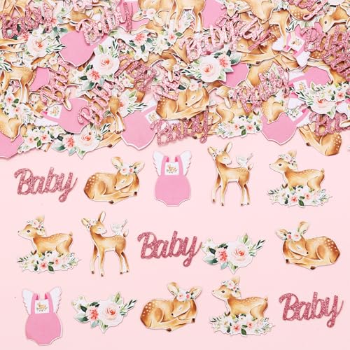 JOYMEMO 200 Stück Hirsch Baby Dusche Konfetti - Rosa Oh Deer Baby Dusche Dekorationen für Mädchen, doppelseitigen Druck Papier Tabelle Konfetti Streuungen, Floral Woodland Deer Themed Party Supplies von JOYMEMO