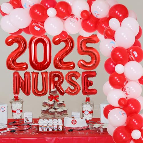 JOYMEMO 2025 Krankenschwester Abschlussfeier Dekorationen, Krankenschwester Ballon Girlande Kit Rot Weiß, RN Motto Party Dekor, Nummer 2025 Folienballon für BSN Nursing Medical School Graduation Party von JOYMEMO