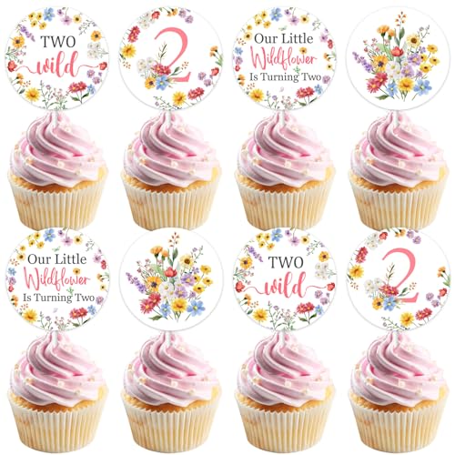 JOYMEMO 24 Stück Wildblume 2. Geburtstag Cupcake Toppers Mädchen – Blumen Zwei wilde zweite Geburtstag Kuchendekorationen, Unsere kleine Wildblume dreht sich um zwei Geburtstag Dekor für 2 Jahre alten von JOYMEMO