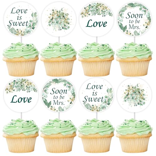 JOYMEMO 24Pcs Greenery Bridal Shower Cupcake Toppers, Liebe ist süß mit bald Frau Salbei grünes Blatt gedruckt Cupcake Picks für Frauen Mädchen Hochzeit Verlobung Braut Bachelorette Party von JOYMEMO