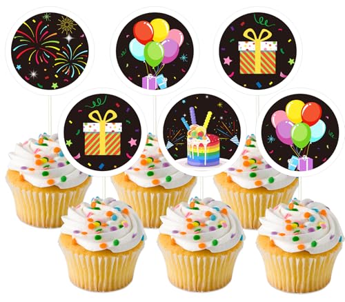 JOYMEMO 24Pcs doppelseitige bunte Cupcake Toppers, Feuerwerk Ballons Kuchen Muster, Regenbogen Geburtstag Baby Dusche Geschlecht Reveal Party Groovy Cupcake Picks für Junge Mädchen von JOYMEMO