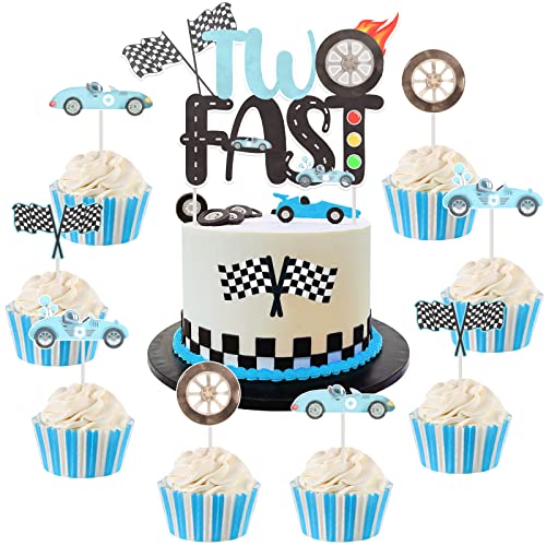 JOYMEMO 25 Pcs Zwei Schnelle Kuchendekorationen Für Jungen - Rennwagen 2. Geburtstag Kuchen Topper Mit Cupcake Toppers Doppelseitig, Let's Go Racing Checkered Flag 2 Jahre Alt Party Supplies von JOYMEMO