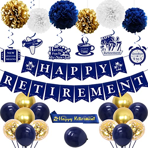 JOYMEMO 30 Stück Ruhestandsparty-Dekorationen, Marineblau, Gold für Männer und Frauen, Happy Retirement Banner Schärpe hängende Wirbel Papier-Pompons und Luftballons, Ruhestands-Dekorationen Zubehör von JOYMEMO