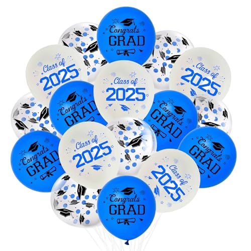 JOYMEMO 36 Stück 30,5 cm Abschlussfeier Latex Ballons Blau Weiß, Klasse 2025 Congrats Grad Ballons Dekorationen für Abschlussfeier Party Supplies Indoor Outdoor von JOYMEMO