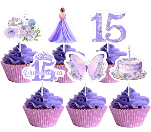 JOYMEMO 36Pcs lila Blumen Quinceanera 15. Geburtstag Cupcake Toppers, Mis Quince Anos 15 Jahre altes Mädchen Fifteenth Bday Blumen Krone Schmetterling Cupcake Picks Quinceanera Dekorationen von JOYMEMO