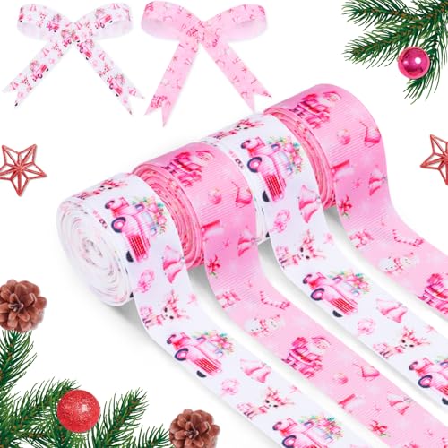 JOYMEMO 4 Rollen 20 Meter rosa Weihnachtsband-Set, 2,5 cm, für Weihnachten, Winterurlaub, Drahtrand, Bänder für Kranz, Schleifen, Basteln, Geschenkverpackung, Weihnachtsmottop-Party, Baum, Zuhause, von JOYMEMO