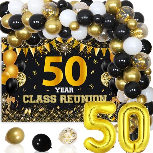 JOYMEMO 50 Jahre Klassentreffen Dekorationen - Schwarz und Gold Ballon Girlande Bogen Kit mit 50 Jahre Klassentreffen Backdrop Fotografie Hintergrund für Klasse von 1974 High School Reunion Willkommen von JOYMEMO