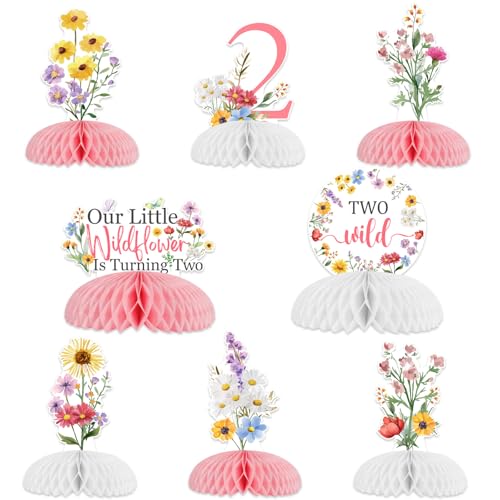 JOYMEMO 8 Pieces Wildflower 2nd Birthday Honeycomb Centrepieces Girls - Flowers Two Wild Second Birthday Table Decorations, Double Sided Our Little Wildflower Turns Two Table Toppers Garden Birthday P von JOYMEMO