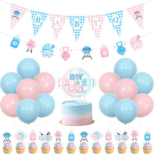 JOYMEMO BBQ Gender Reveal Party Dekorationen – Rosa Blau Baby Q Wimpel Banner Girlande It's Boy or Girl Cake Topper Cupcake Topper und Luftballons, Gender Reveal Barbecue Picknick Motto Babyparty von JOYMEMO