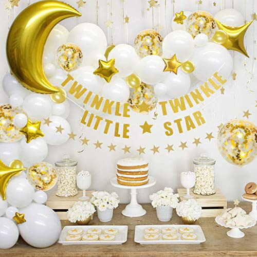 JOYMEMO Ballon Girlande Arch Kit Babyparty Geburtstagsfeier für Jungen oder Mädchen Geschlecht enthüllen-Twinkle Twinkle Little Star - 98er Pack Luftballons Mond- und Sterngirlande von JOYMEMO