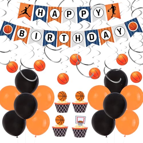 Basketball Party Supplies mit Hängend Spirale Dekor，Happy Birthday Banner und Basketball Folienballons Geburtstagstorte Topper Set for Sport Mottoparty, Jungen und Basketballfans von JOYMEMO