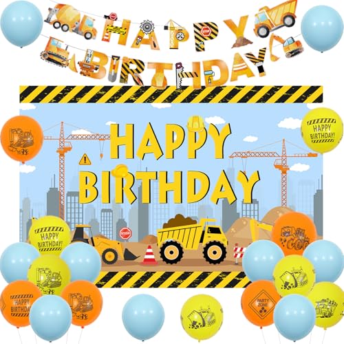 JOYMEMO Bau Geburtstag Party Dekorationen, einschließlich Happy Birthday Banner Hintergrund und Luftballons für Jungen, Gelb Blau Bauwagen Geburtstag Party Supplies von JOYMEMO