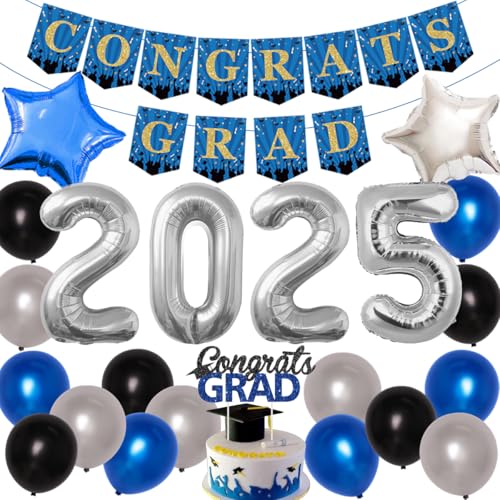 JOYMEMO Blau Silber Graduation Dekorationen 2025 - Congrats Grad Banner & Cake Topper, Nummer 2025 Ballon, Blau Silber Schwarz Latex Ballons für Abschlussfeiern und Silvester Party Supplies von JOYMEMO