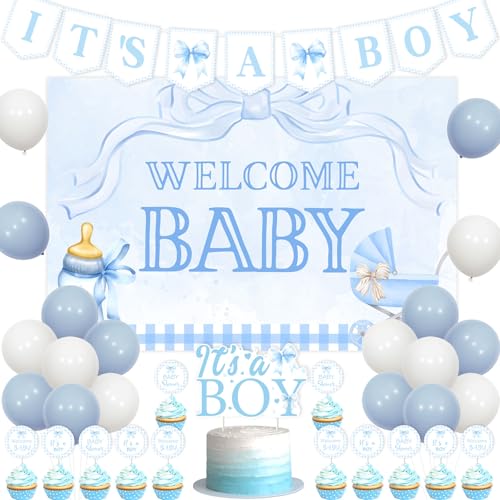 JOYMEMO Blaue Schleife Babyparty Dekorationen Jungen - It's a Boy Banner, Welcome Baby Hintergrund, Tortenaufsatz & Cupcake Topper, It's a Boy Baby Shower Party Supplies von JOYMEMO