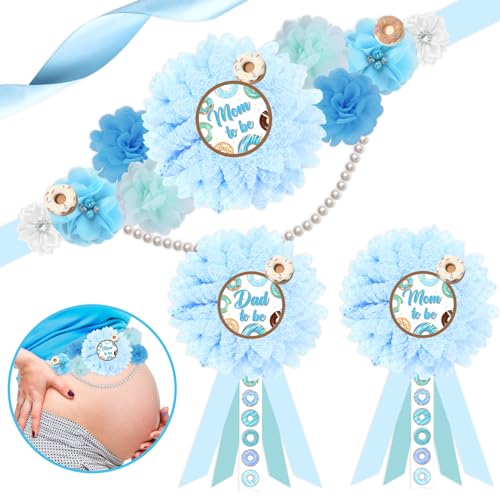 JOYMEMO Blue Donut Baby Shower Mutterschaft Schärpe Kit - Blume Baby Shower Bauchgürtel und Mama To Be & Dad To Be Corsage Pins, bestreut mit Liebe Dekor, Schwangerschaft Schärpe Eltern Baby Boy Party von JOYMEMO