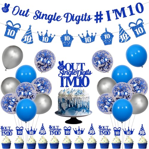 JOYMEMO Blue Peace Out Single Digits I'm 10 Decorations Kit, Out Single Digits I'm 10 Banner, Tenth Birthday Garland, 10 Years Old Party Cake Topper, Cupcake Picks, Latex Balloons Party Supplies von JOYMEMO