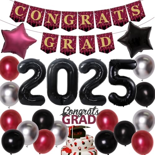 JOYMEMO Burgunderrote schwarze Abschluss-Party-Dekorationen 2025 – Congrats Grad Banner Cake Topper, Nummer 2025 Ballon, kastanienbraune schwarze silberne Luftballons für Schulabschlüsse und von JOYMEMO