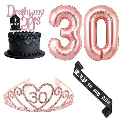 JOYMEMO 30 Geburtstag Dekoration Frau Rosegold Schwarz Gürtel Krone 30 Geburtstag Ballon für die 30 Geburtstag Beerdigungsparty von JOYMEMO