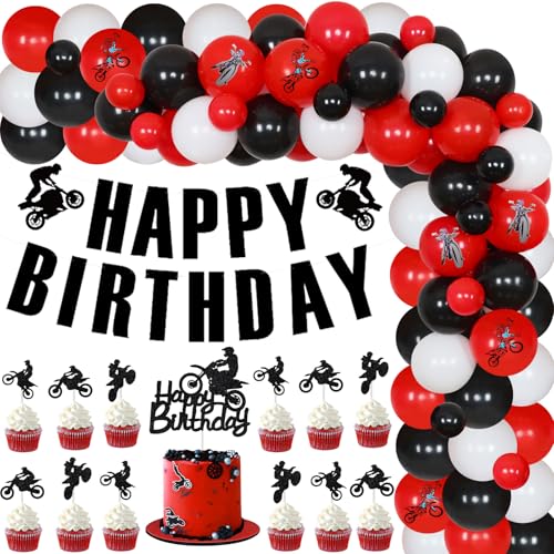 JOYMEMO Dirt Bike Geburtstag Dekorationen für Jungen - rot schwarz Ballon Girlande Bogen Kit mit alles Gute zum Geburtstag Banner Kuchen Topper, karierten Folienballons für Motocross Thema Party von JOYMEMO