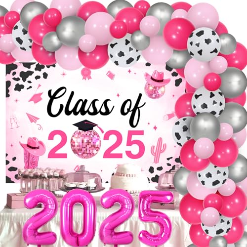 JOYMEMO Disco Cowgirl Thema Abschlussfeier Dekorationen Retro Hippie Ballon Girlande Kit Klasse 2025 Hintergrund Nummer 2025 Luftballons Fever Boogie Last Rodeo Grad Fotografie Hintergrund Supplies von JOYMEMO