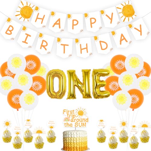 JOYMEMO First Trip Around The Sun Birthday Decorations, Boho Sun 1st Birthday Party Supplies with Happy Birthday Banner Double Sided Cake Toppers Cupcake Toppers, One Foil Balloon for Space Party von JOYMEMO