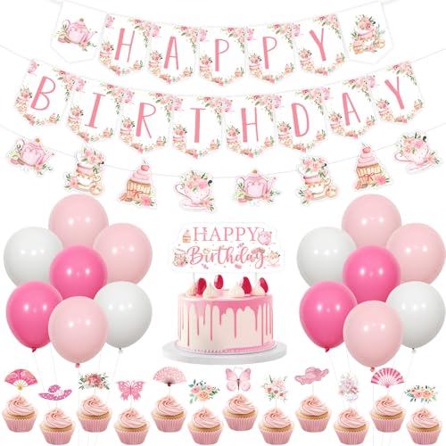 JOYMEMO Floral Tea Theme Birthday Party Decorations - Afternoon Tea Happy Birthday Banner Teapot Theme Garlands with Floral Tea Theme Cake Topper and Cupcake Toppers for Girl’s Tea Birthday Party Deco von JOYMEMO