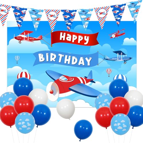 JOYMEMO Flugzeug-Geburtstagsparty-Dekorationen für Jungen – einschließlich Happy Birthday Hintergrund Flugzeug-Wimpelbanner Wolke bedruckte Luftballons Set für fliegende Flugzeuge Thema Party Supplies von JOYMEMO