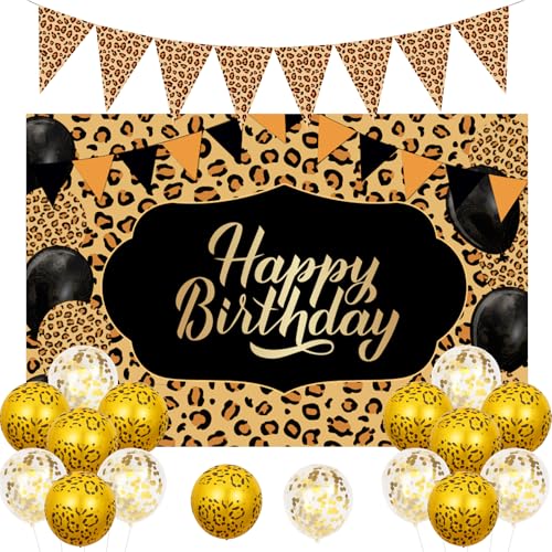 JOYMEMO Geparden-Geburtstagsdekoration – einschließlich Leopardenmuster Wimpelbanner Happy Birthday Hintergrund Leopard bedruckte Luftballons Set für Dschungel Safari Tier Thema Party Supplies von JOYMEMO