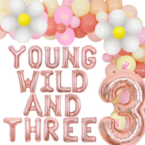 JOYMEMO Groovy 3rd Birthday Party Decorations, Young Wild and Three Daisy Flower Balloons Garland Kit, Groovy Retro Boho Girls Third Birthday Party Supplies von JOYMEMO