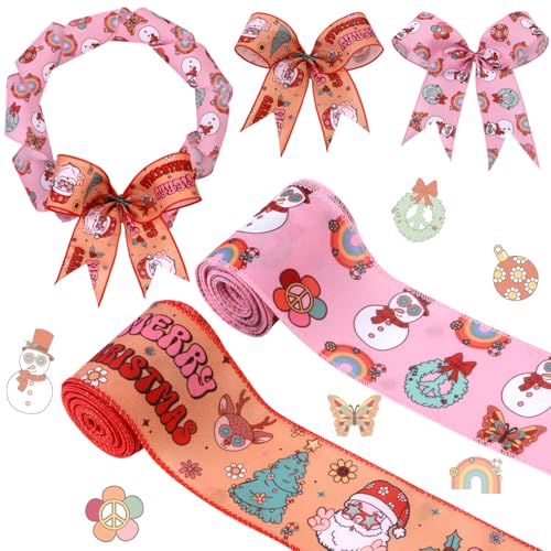 JOYMEMO Groovy Weihnachtsband-Set, Retro-Hippie-Band mit Drahtrand, für Geschenkverpackungen, Kränze, Schleife, Basteln, Dekor, Boho, Gänseblümchen, Regenbogenfarben, Frohe Weihnachten, für von JOYMEMO