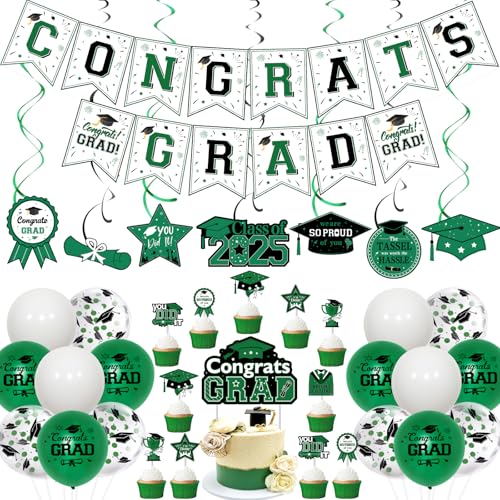 JOYMEMO Grüne und schwarze Abschlussfeier Dekorationen 2025, Congrats Grad Banner Cake Topper mit Cupcake Toppers, Klasse 2025 hängende Wirbel, Abschlussfeier Supplies von JOYMEMO